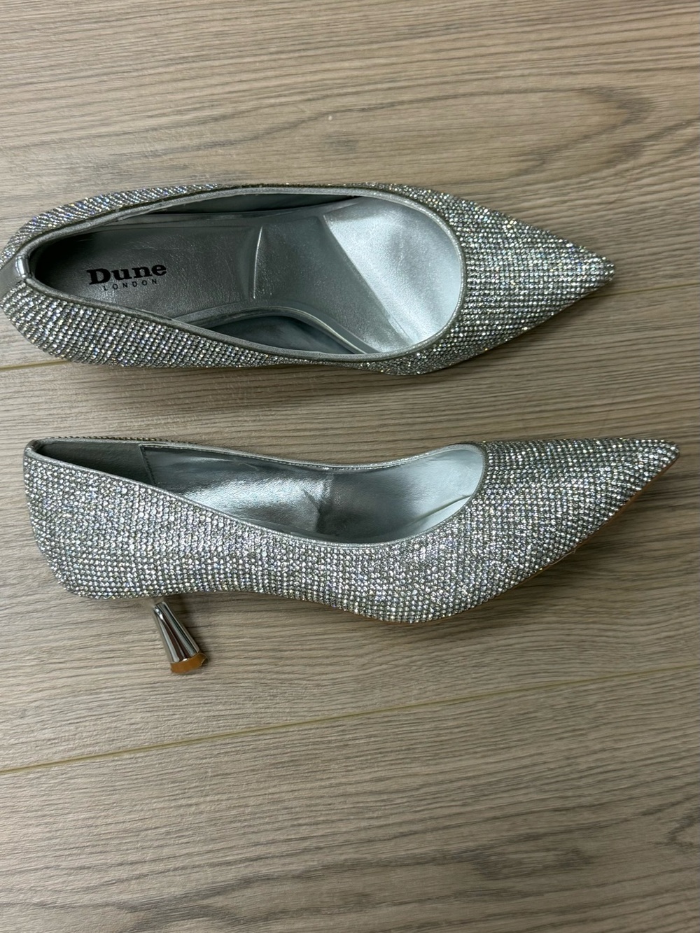 Dune London Silver Rhinestone Pointed Toe Heels
